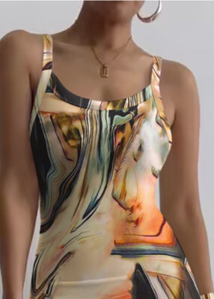 Marble Print U-Neck Sleeveless Maxi Dress