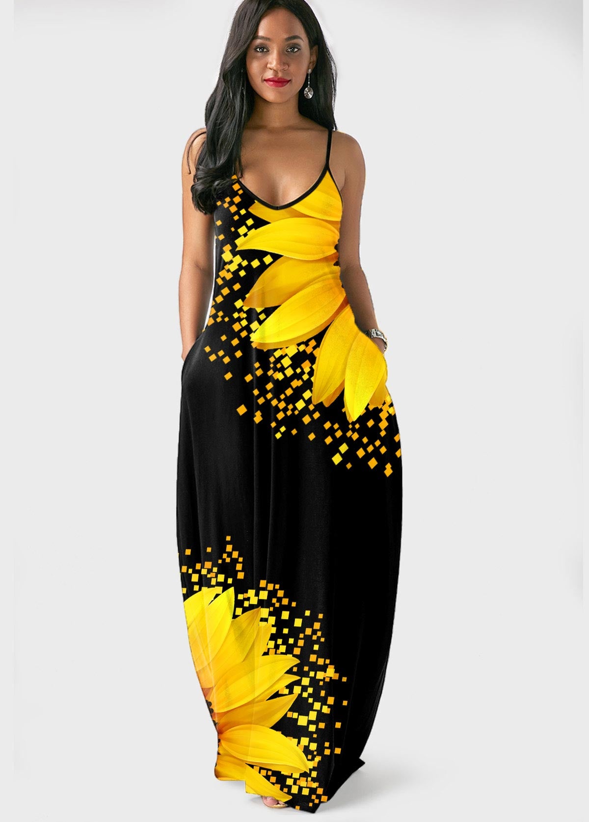 Spaghetti Strap Sunflower Print Side Pocket Maxi Dress – Tinika's ...
