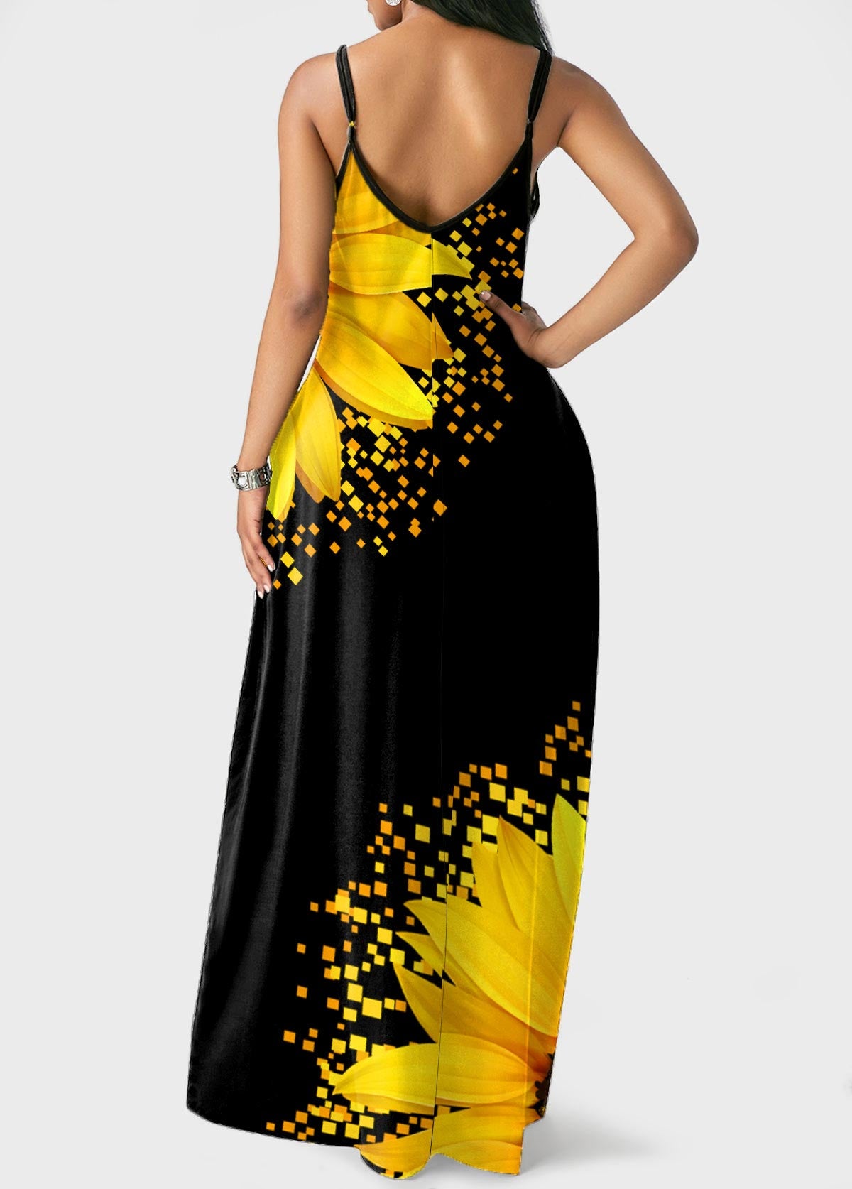 Spaghetti Strap Sunflower Print Side Pocket Maxi Dress